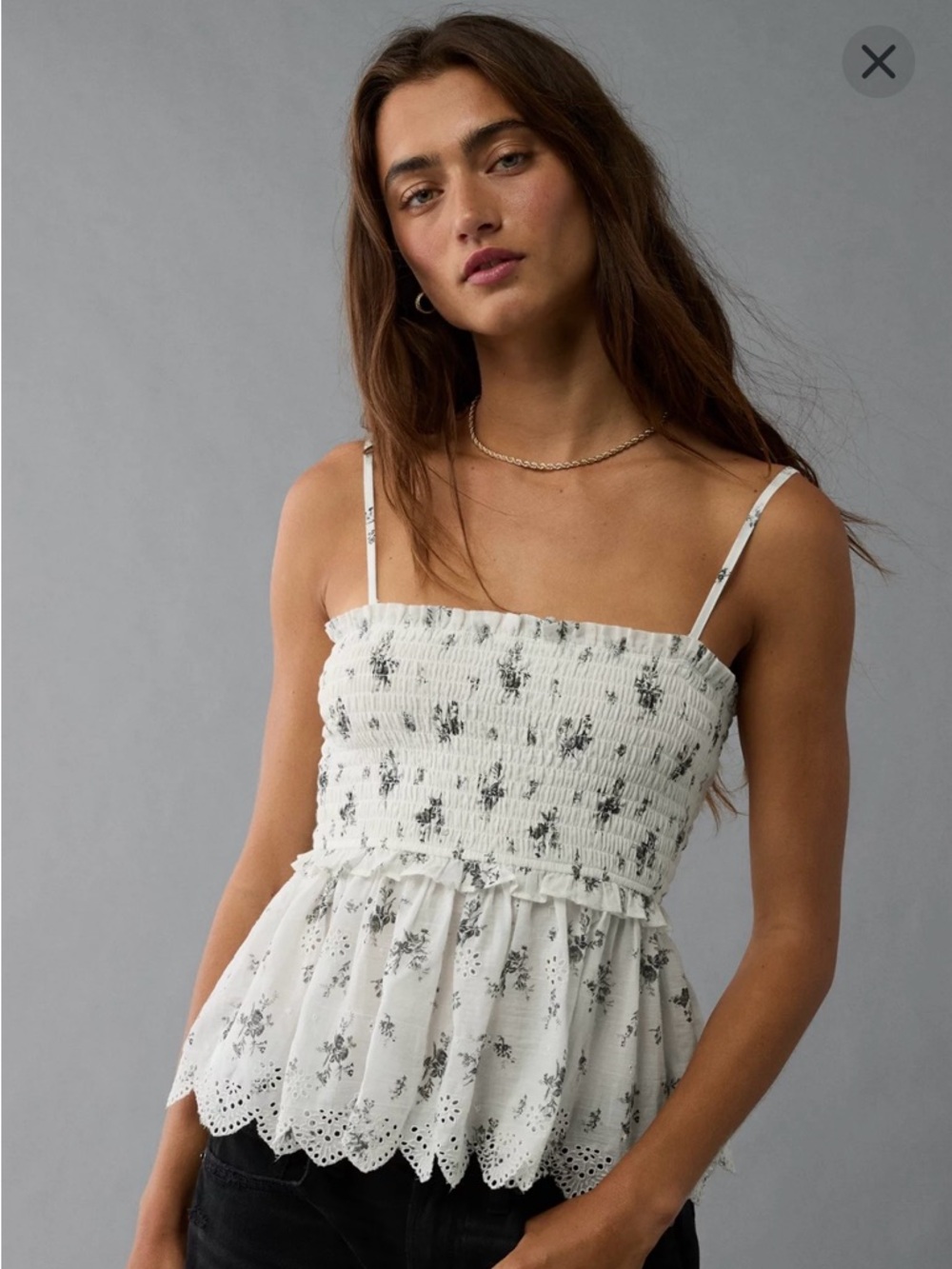 American Eagle White Floral Smocked Peplum Cami Top 100% Cotton